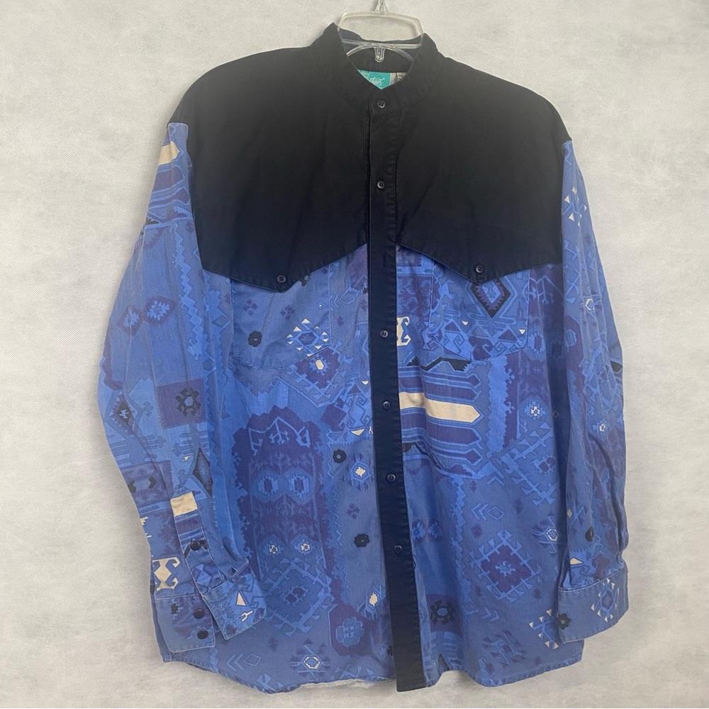 Vtg Western Signatures Eds West Sz Large Blue Black Button Shirt Geometric Flaw